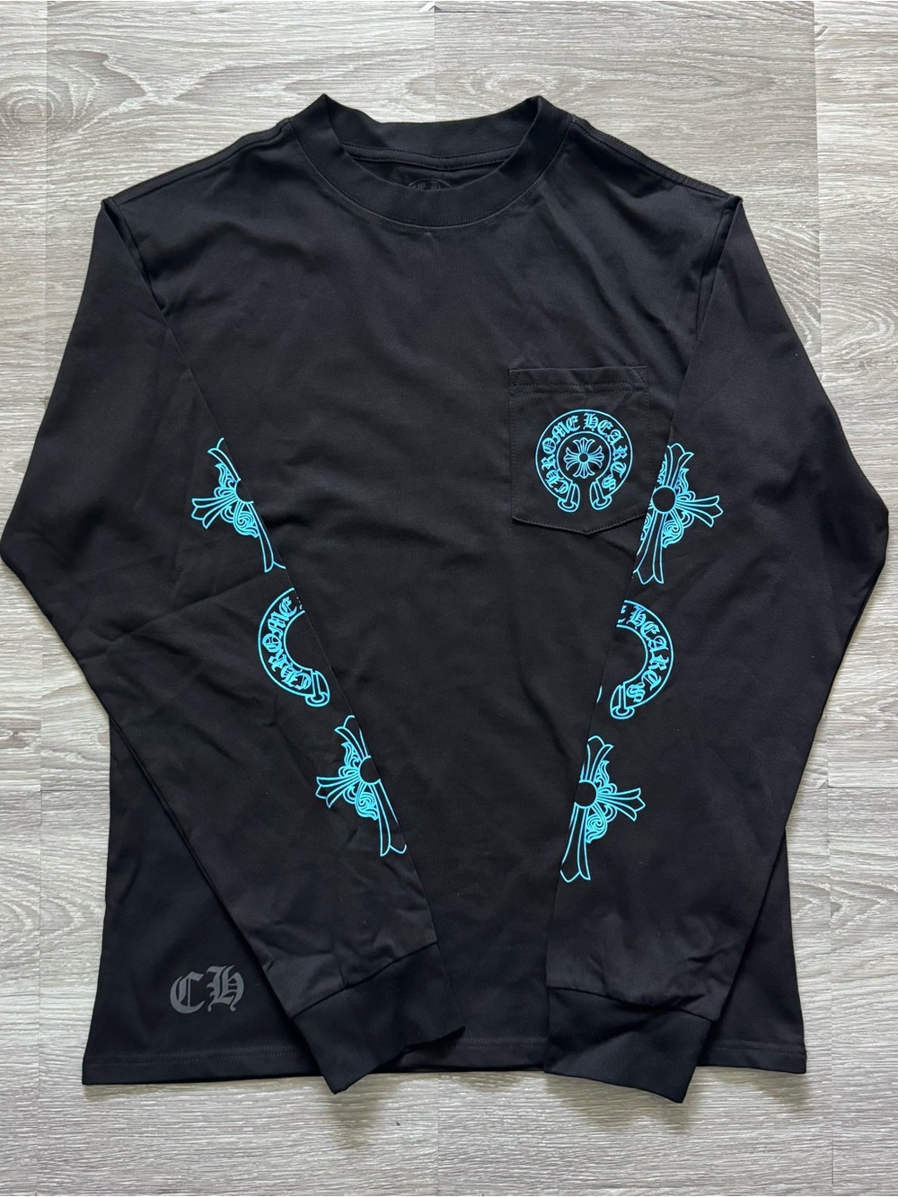 Chrome Hearts Black Long Sleeve T-Shirt Blue Cross Graphic Men's Size Large